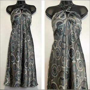 Laundry by Shelli Segal Vintage Silk Grey Blue Dot Halter Cocktail Slip Dress 8